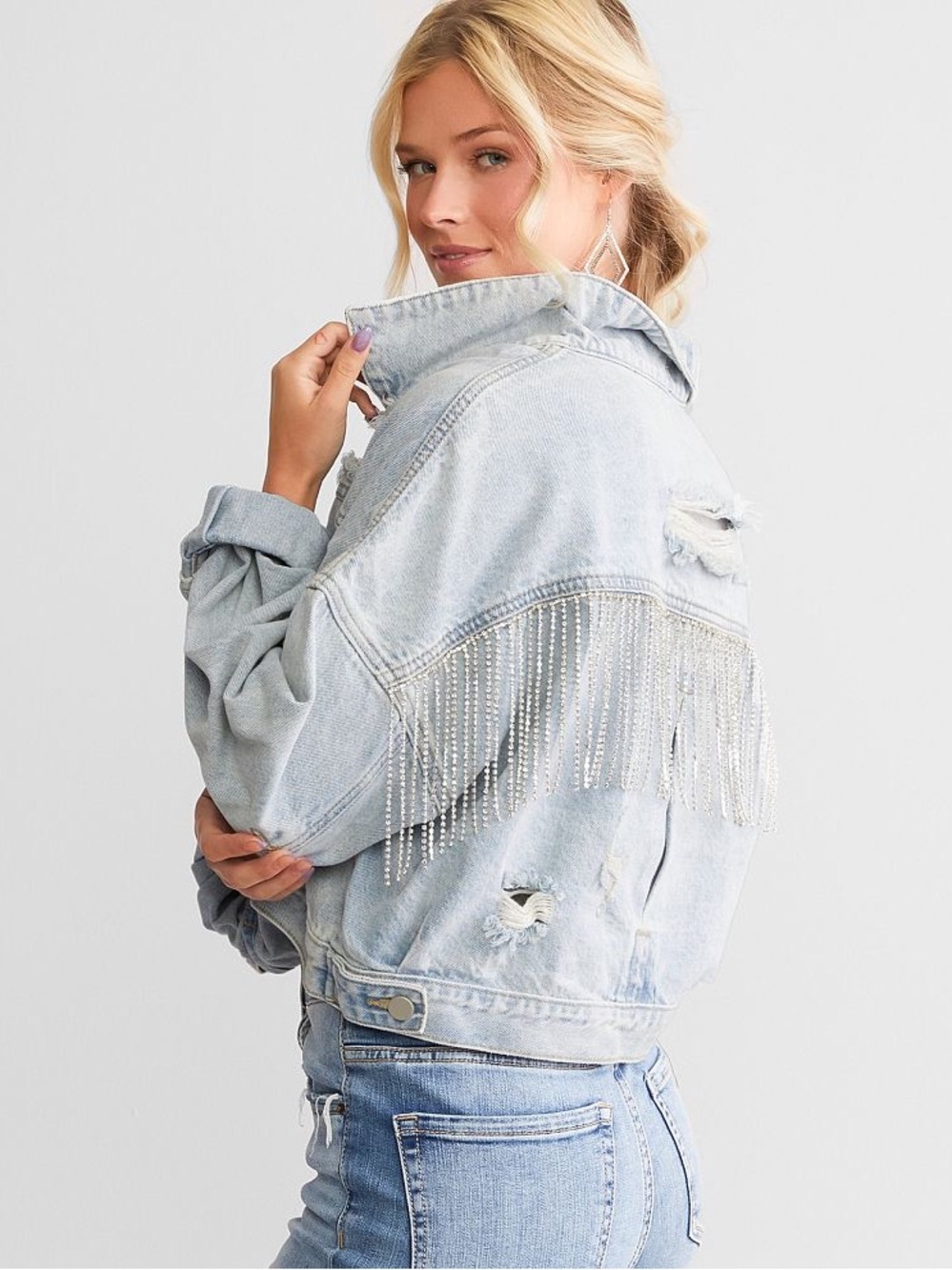 Blue B Rhinestone Fringe Denim Jacket - Picture 3 of 13